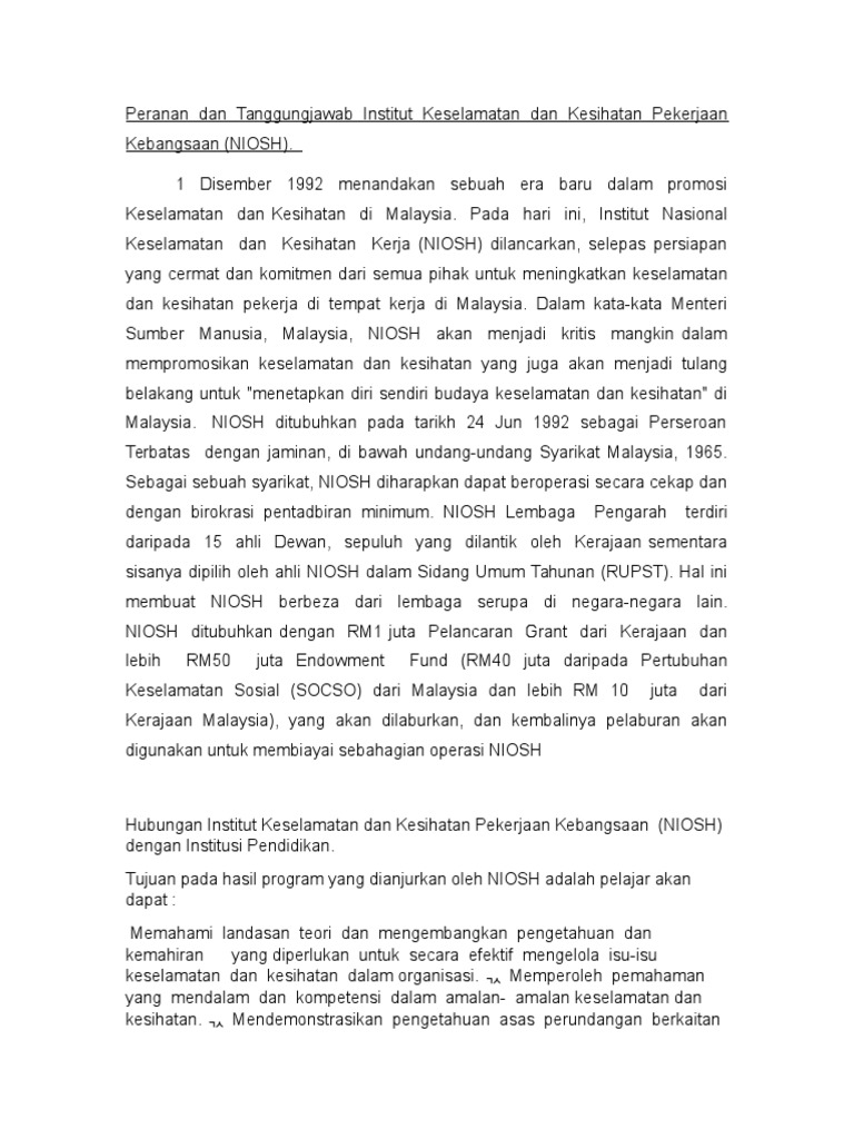Peranan Dan Tanggungjawab Institut Keselamatan Dan Kesihatan Pekerjaan Kebangsaan Pdf