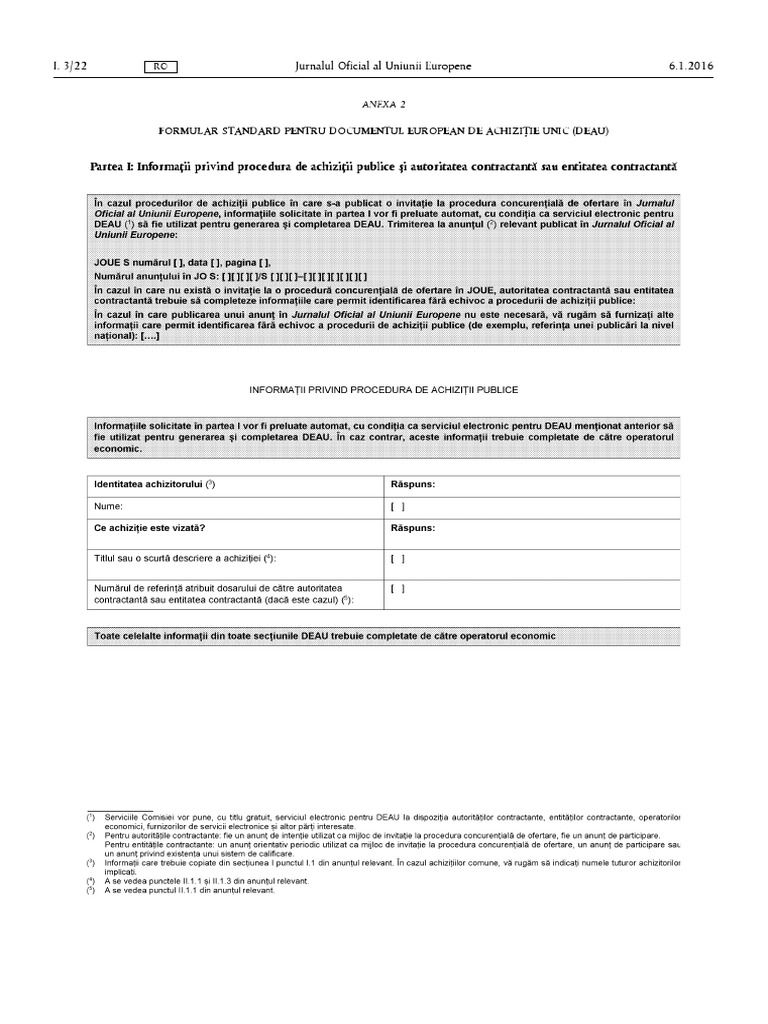 Formular Standard Pentru Documentul European de Achizitie Unic DEAU | PDF