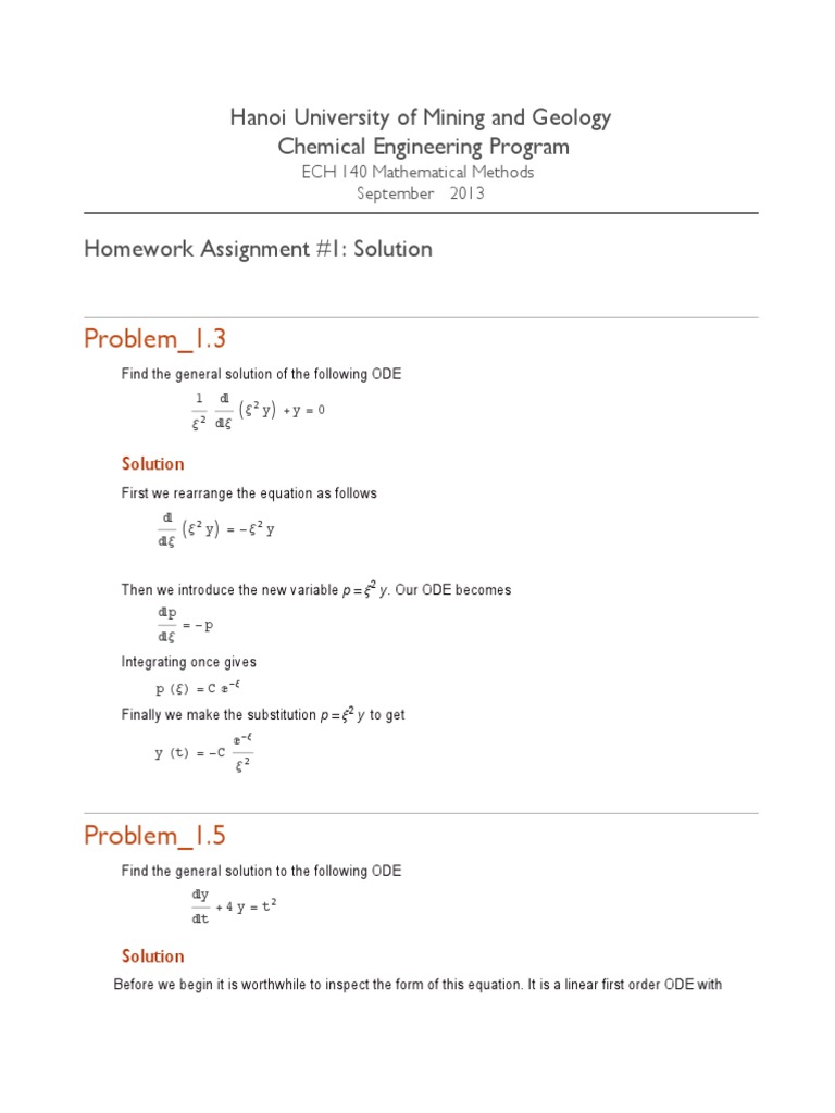 ODE Solutions for Chemical Engineering Homework | PDF | Ordinary ...