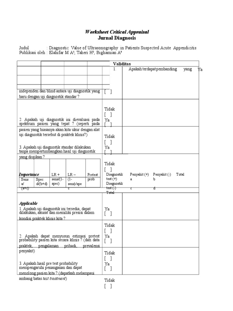Worksheet Critical Appraisal Diagnostic | PDF