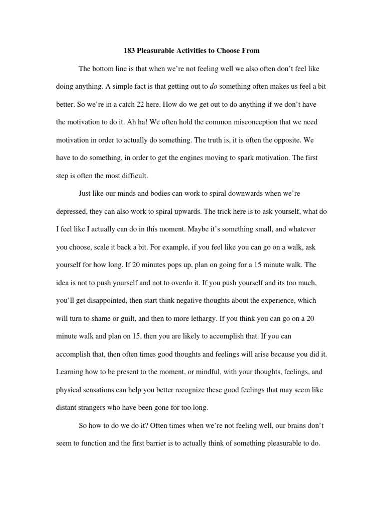 183 Pleasurable Activities To Choose From PDF Emotions Hobbies