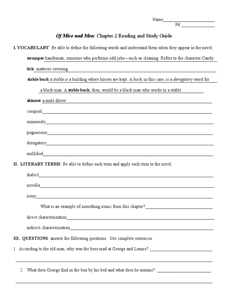 Chapter 2 Study Guide for "Of Mice and Men" | PDF | Foreign Language ...