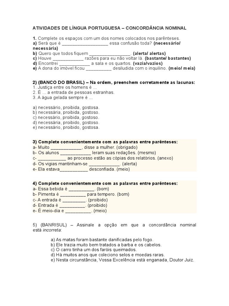 Atividades de Língua Portuguesa - Concordância Nominal