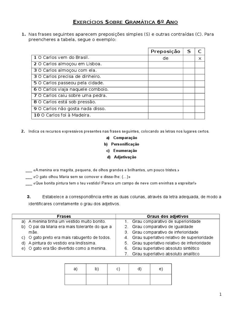Exercícios Sobre Gramática 6º Ano | PDF | Pronome | Semântica lexical