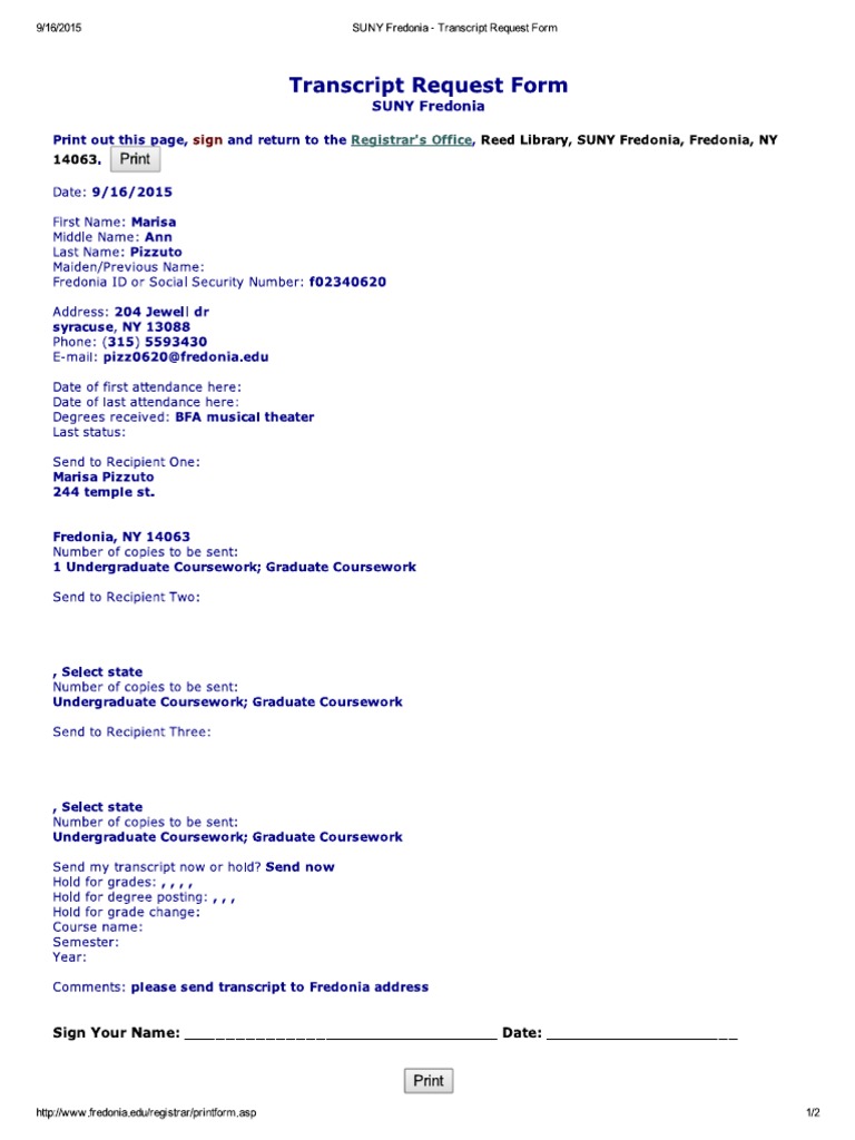 SUNY Fredonia - Transcript Request Form | PDF