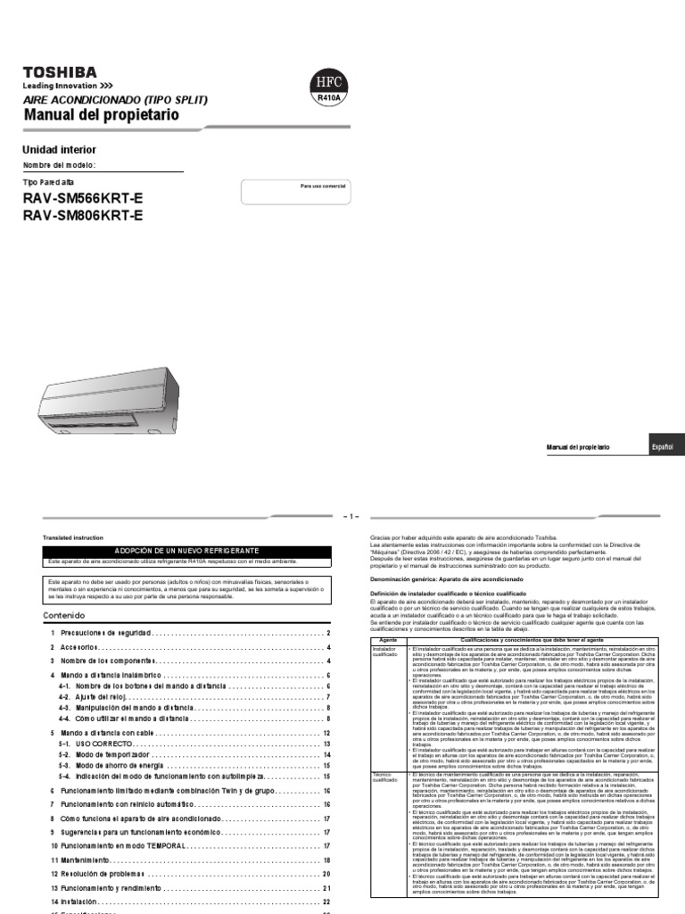 Manual Aire Acondicionado Toshiba (Trabajo) Control remoto Aire