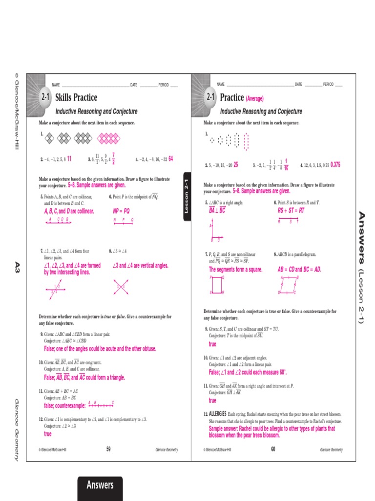 worksheet Glencoe Geometry Worksheet Answers chapter 2 skills practice answers conjecture angle