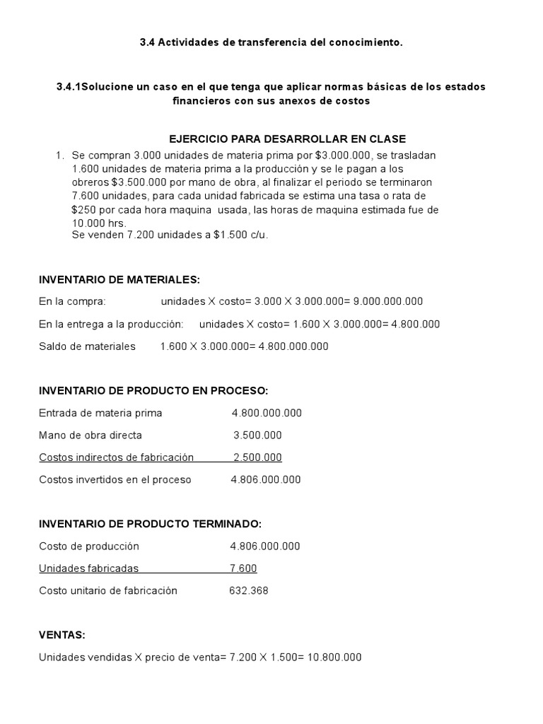 Ejercicio de Estados Financieros y Costos | PDF | Inventario | Negocios ...