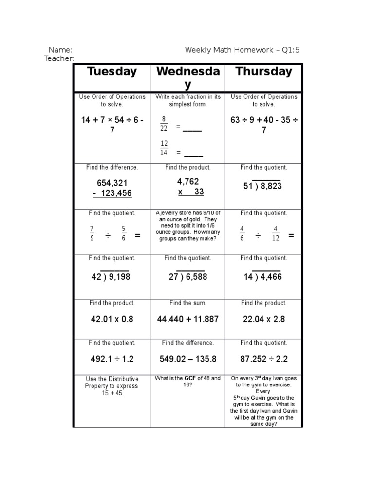 Weekly Math Homework: Order of Operations | PDF | Home & Garden