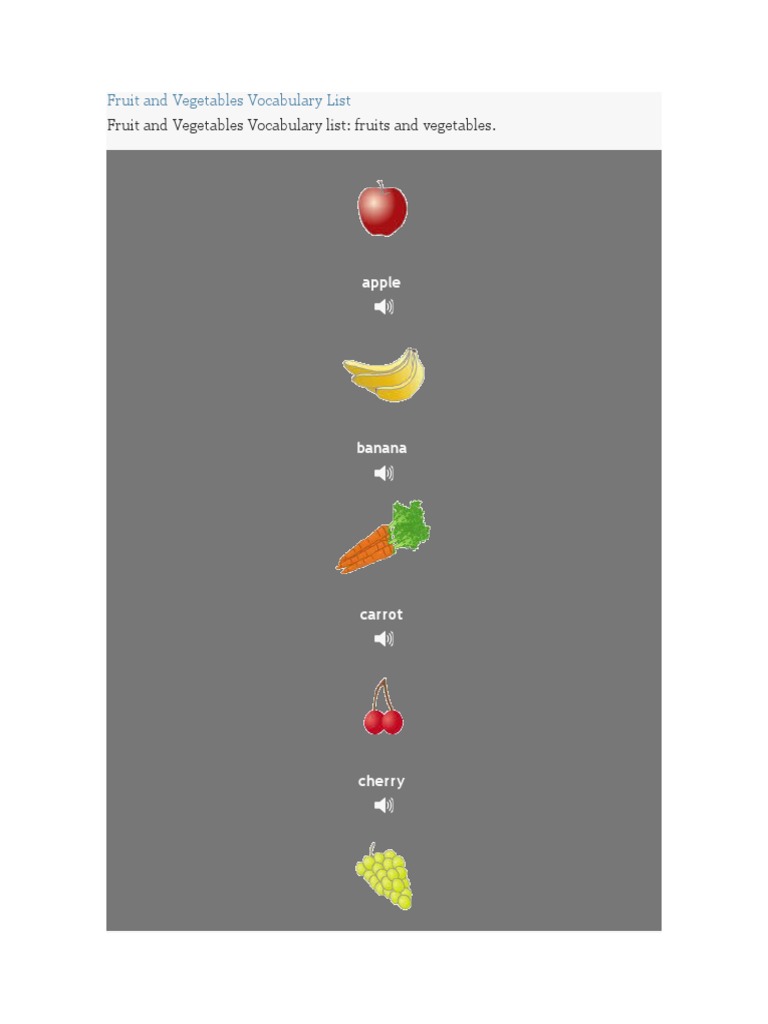 Fruit and Vegetables Vocabulary List Fruits and Vegetables PDF