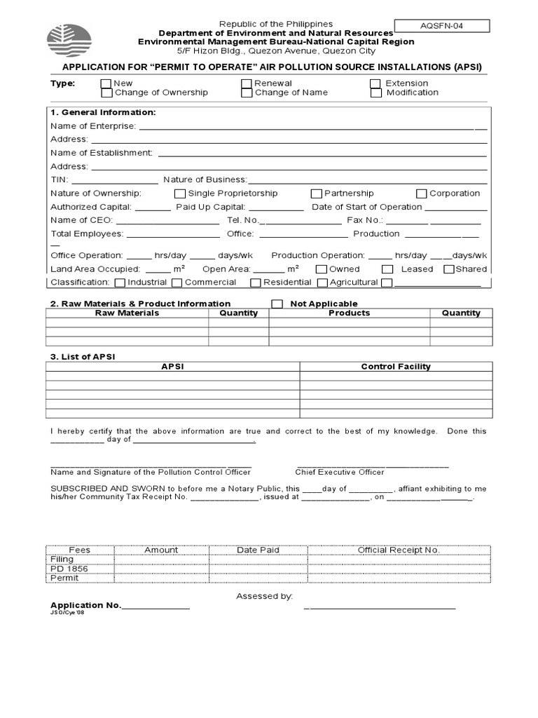Permit to Operate Application for APSI | PDF | Air Pollution | Pollution
