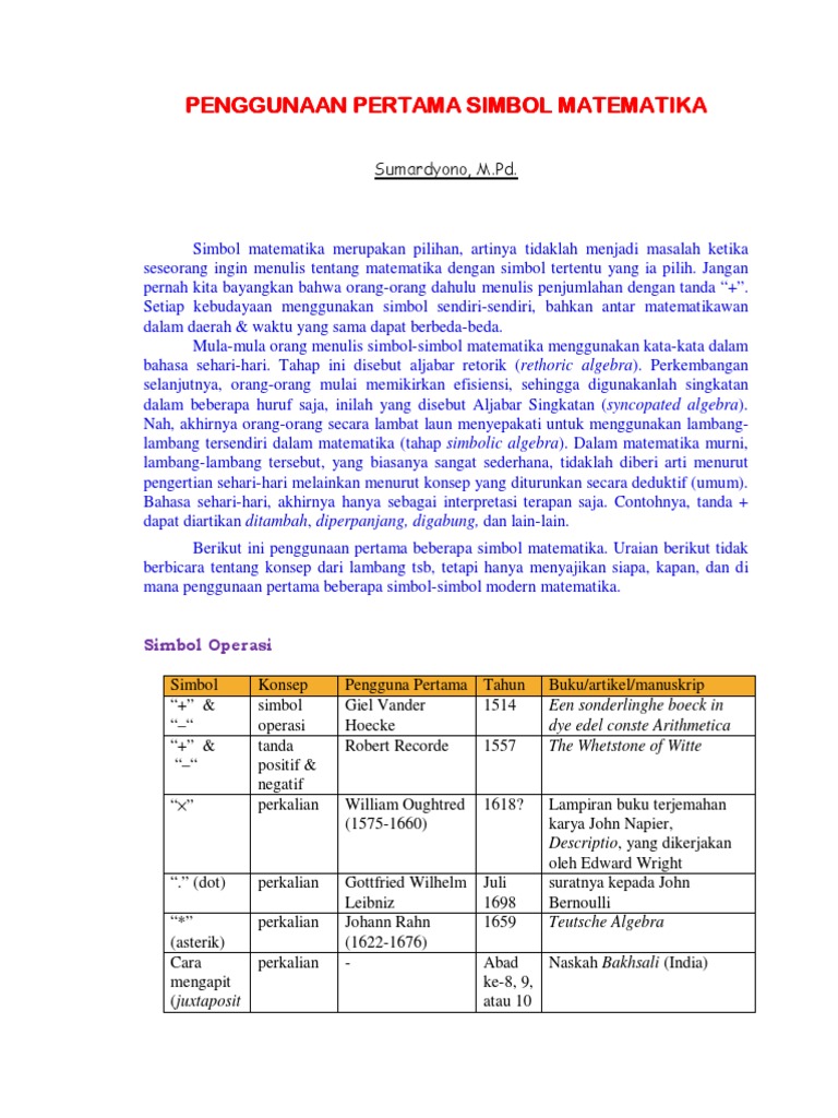 Penggunaan Pertama Simbol Matematika PDF | PDF