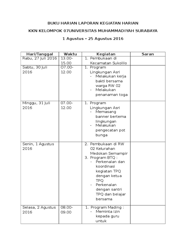 Buku Harian Laporan Kegiatan Harian PDF
