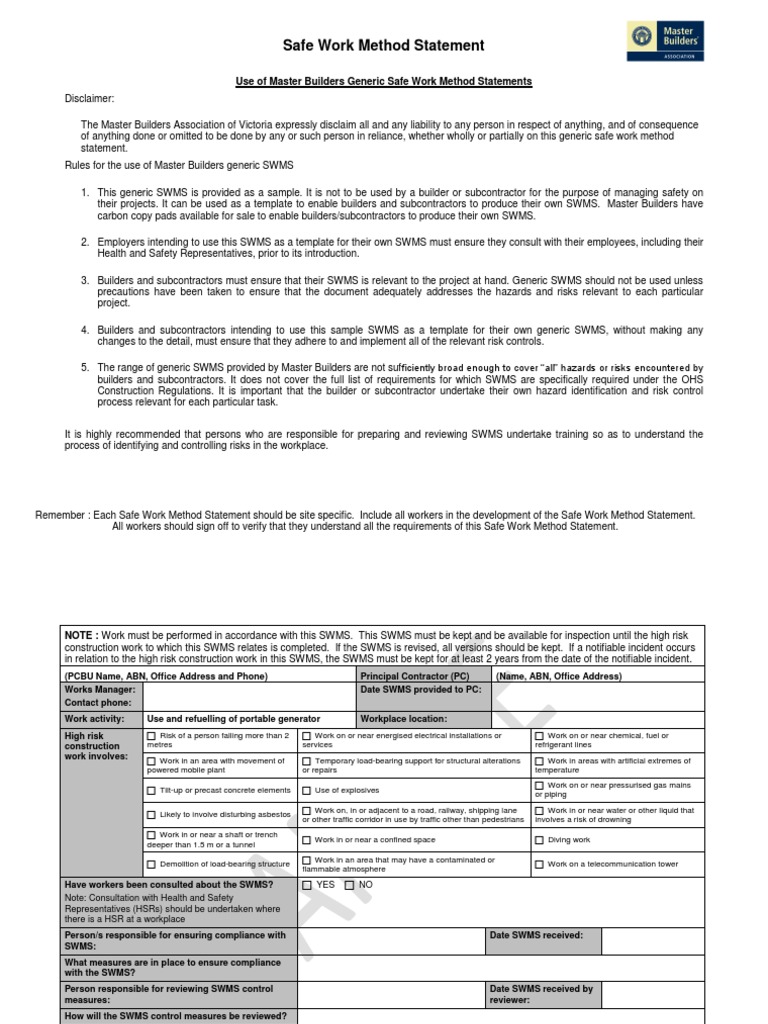 Safe Work Method Statement for Generators | PDF | Occupational Safety ...
