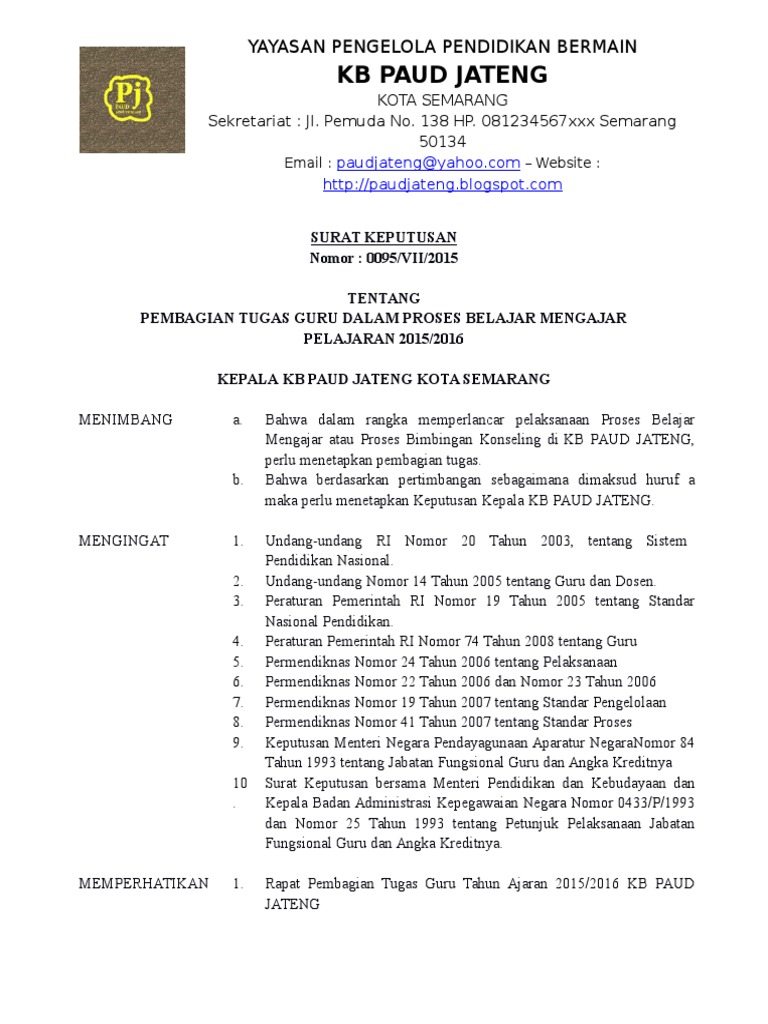 A43 Pembagian Tugas Mengajar Guru Paud Tk Kb