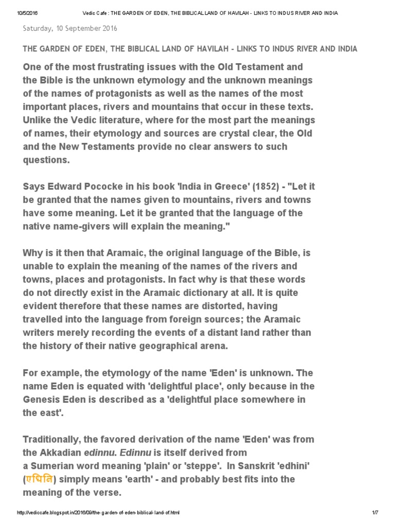 Vedic Cafe The Garden of Eden, The Biblical Land of Havilah Links