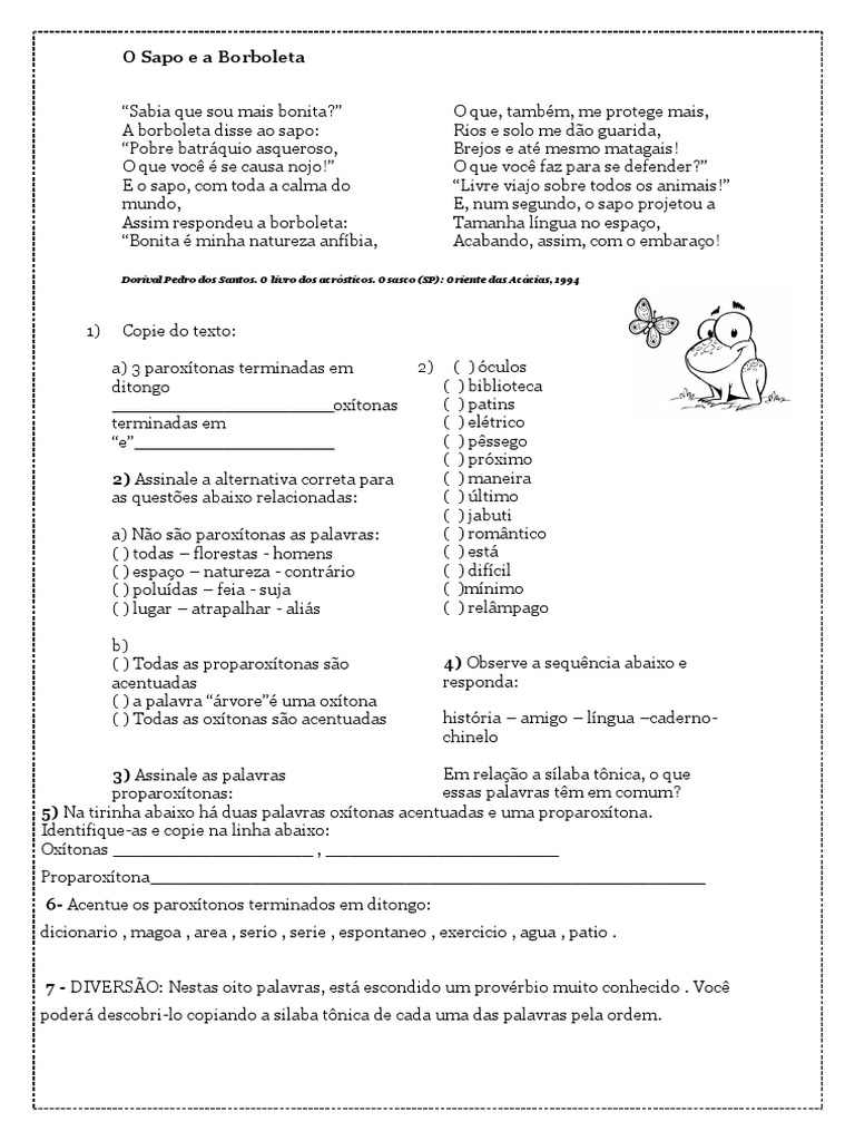 Sílaba Tônica: Sapo e Borboleta | PDF