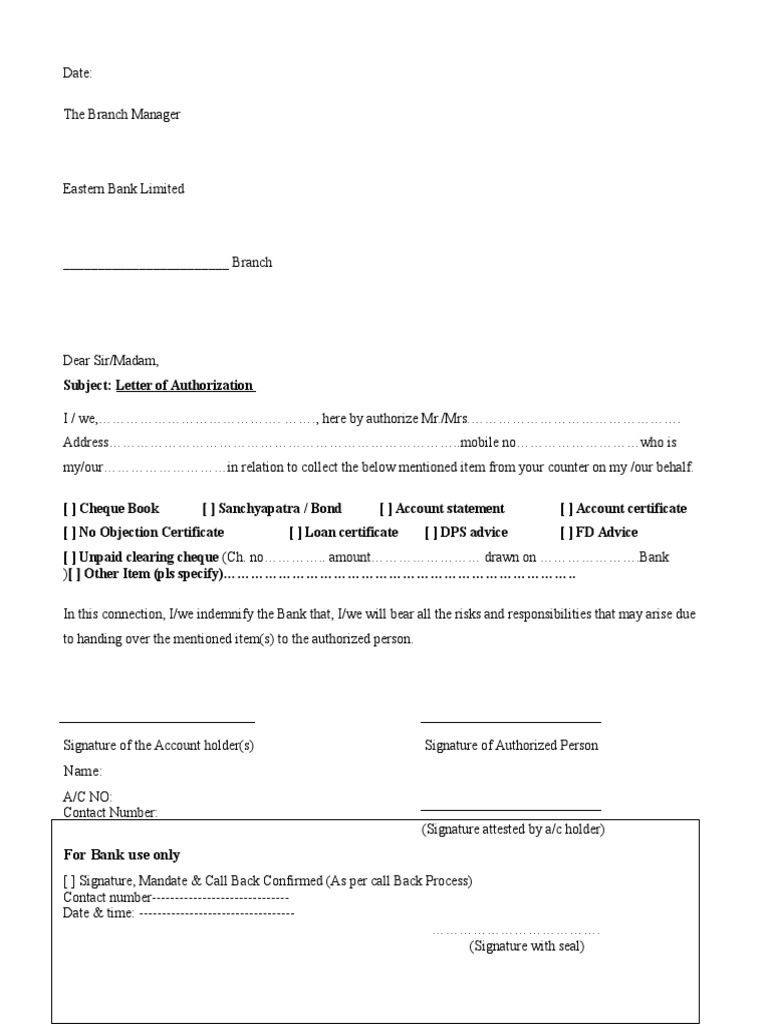 EBL Bank Authorization Letter Template | PDF | Banking | Financial Services
