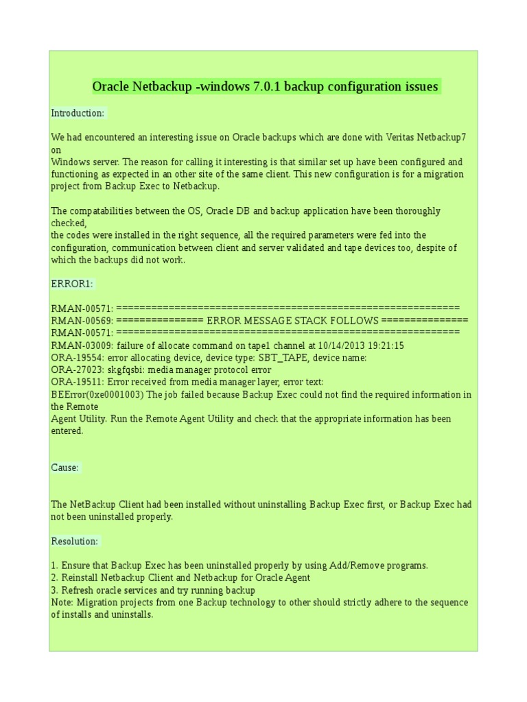 Oracle Backup NetBackup Configuration Issues | PDF | Oracle Database ...