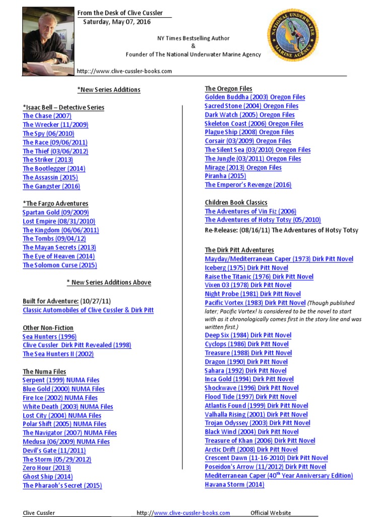 Clive Cussler Novels Chronological Reading List