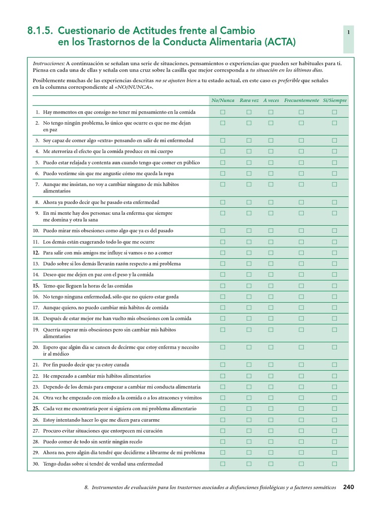 ACTA - Test | PDF | Desorden alimenticio | Bienestar