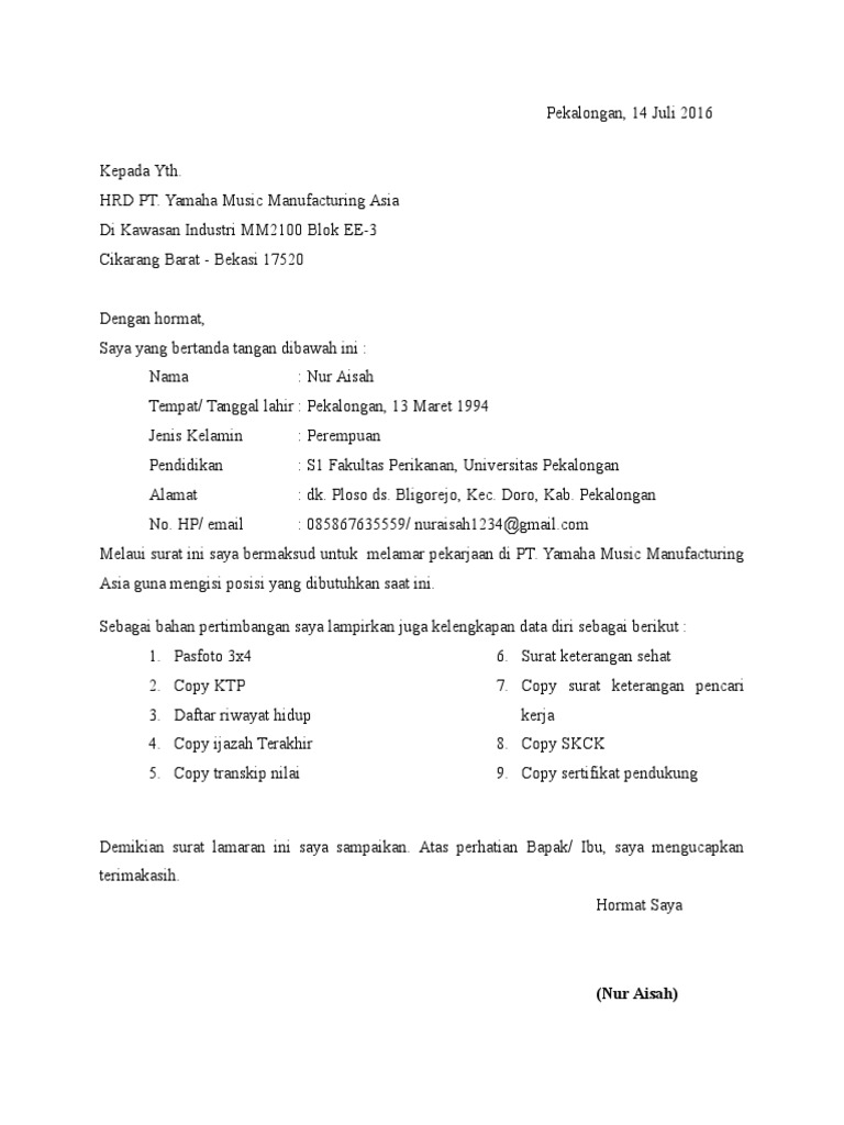 Surat Lamaran Kerja Yamaha Music