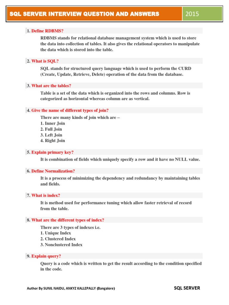 SQL Server Interview Question and Answers: Define RDBMS? | PDF ...