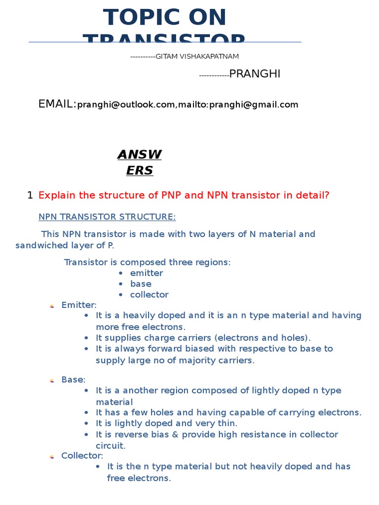 Transistors Question and Answers Doc by Pranghi PDF Bipolar