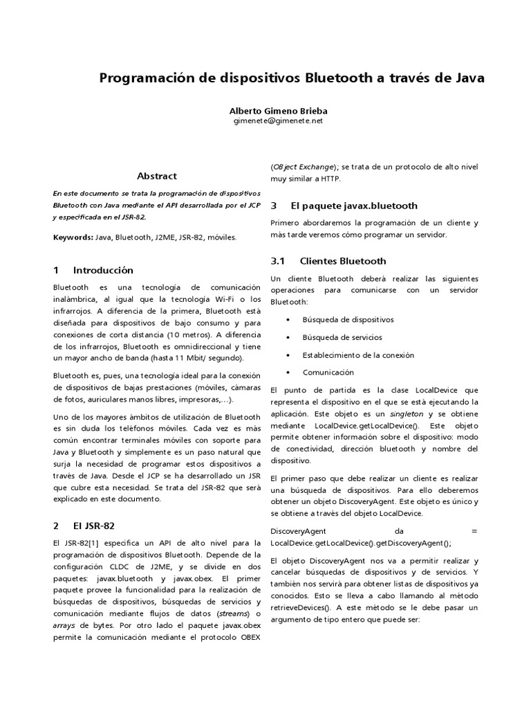MemoriaBluetooth PDF | PDF | Java (lenguaje de programación) | Bluetooth