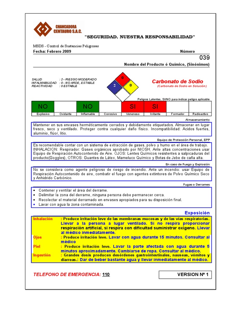 Msds 039 Carbonato de Sodio Agua Sustancias químicas