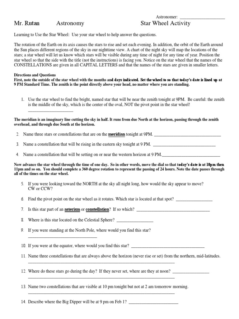 Star Wheel Activity2 PDF Celestial Mechanics Geography