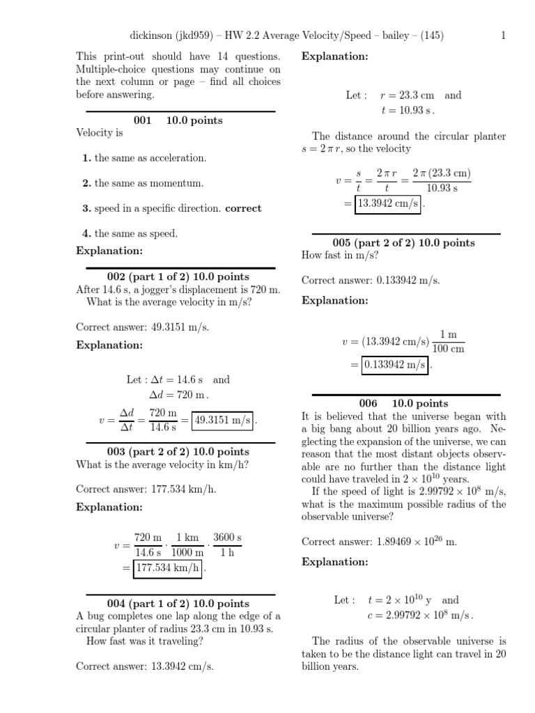 Average Velocity and Speed Worksheet | PDF | Universe | Speed