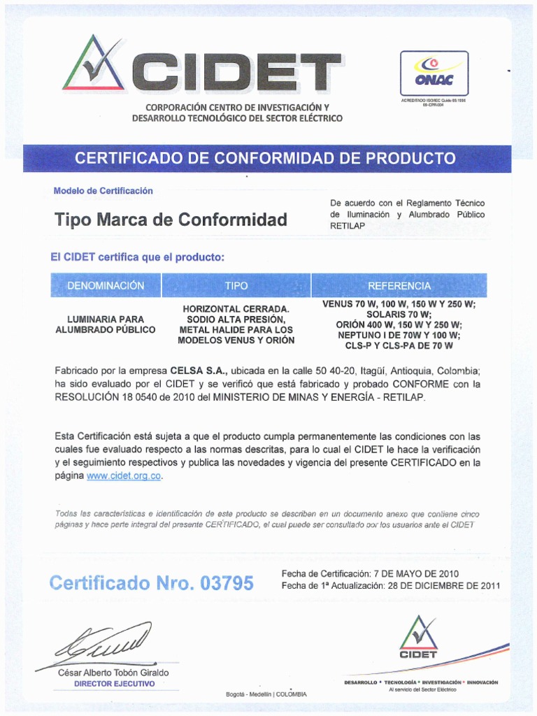 Certificado Retilap Luminarias | PDF