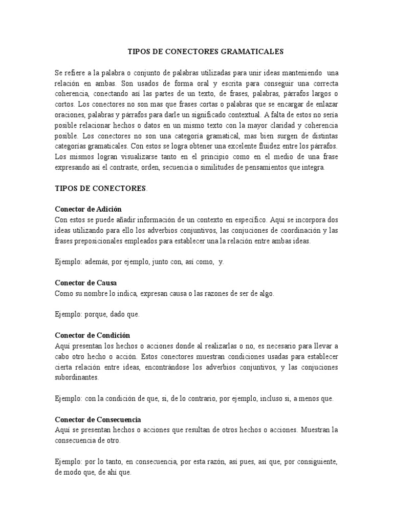 Tipos de Conectores Gramaticales Palabra Oración