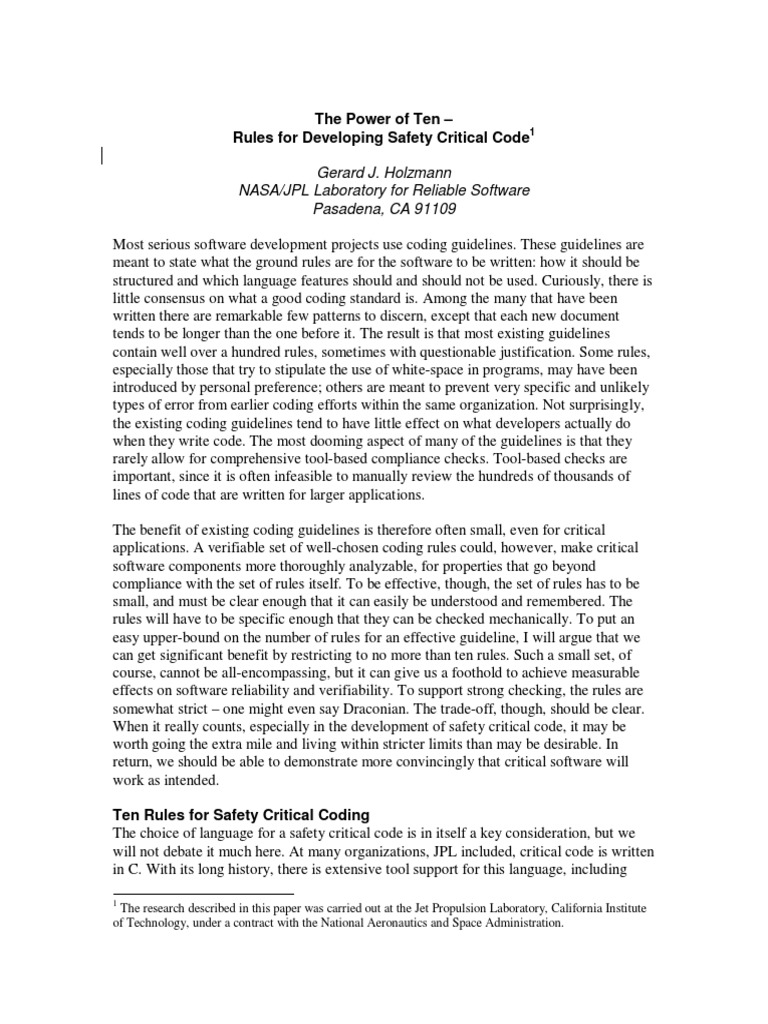 The Power of Ten - Rules For Developing Safety Critical Code (NASA JPL ...