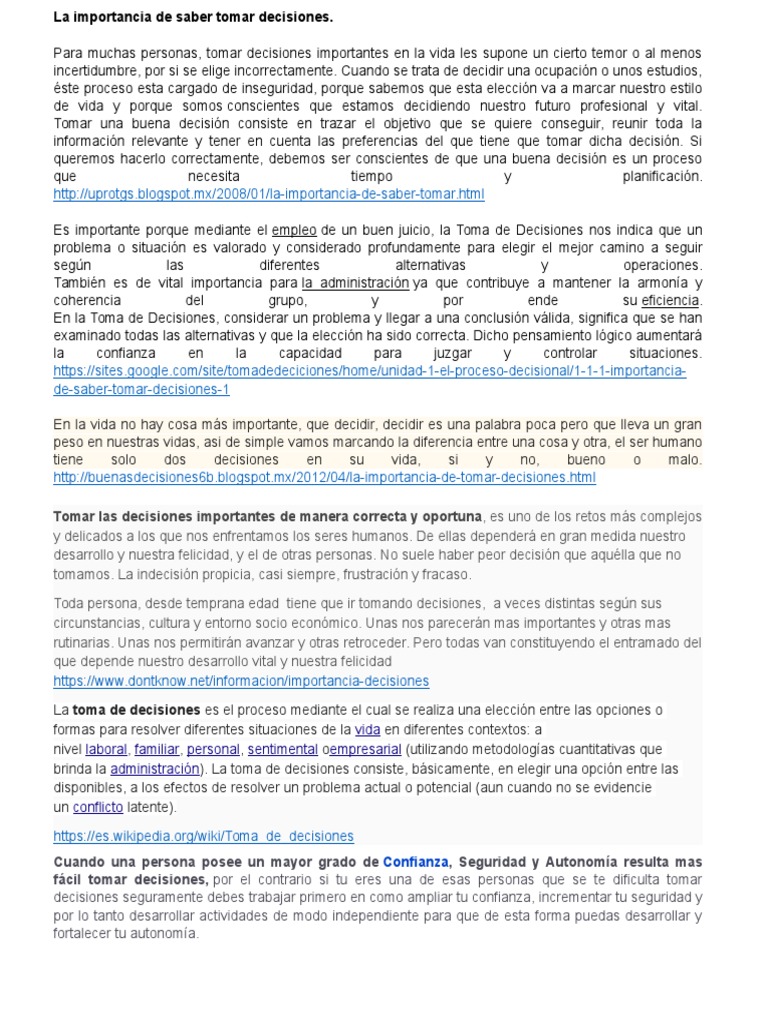La Importancia de Saber Tomar Decisiones | PDF | Toma de decisiones ...