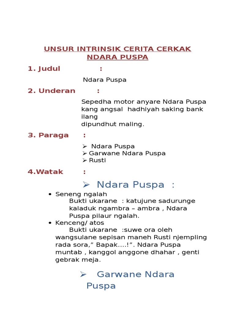 Unsur Intrinsik Cerita Cerkak Ndara Puspa