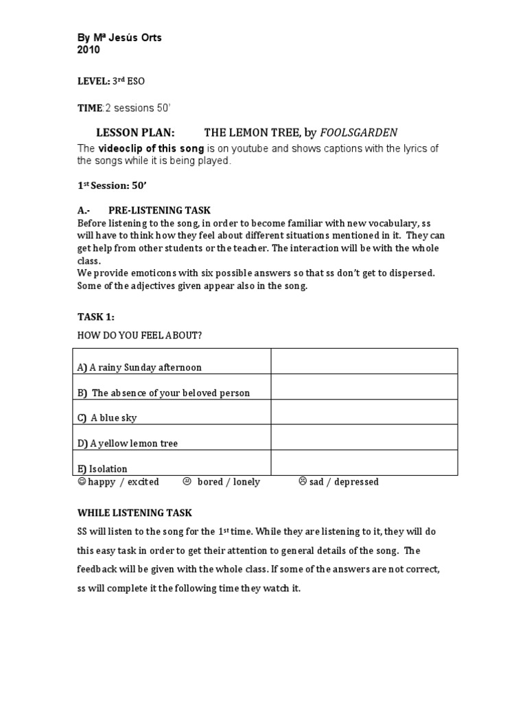 Lesson Plan: The Lemon Tree Song | PDF | Jealousy | Green