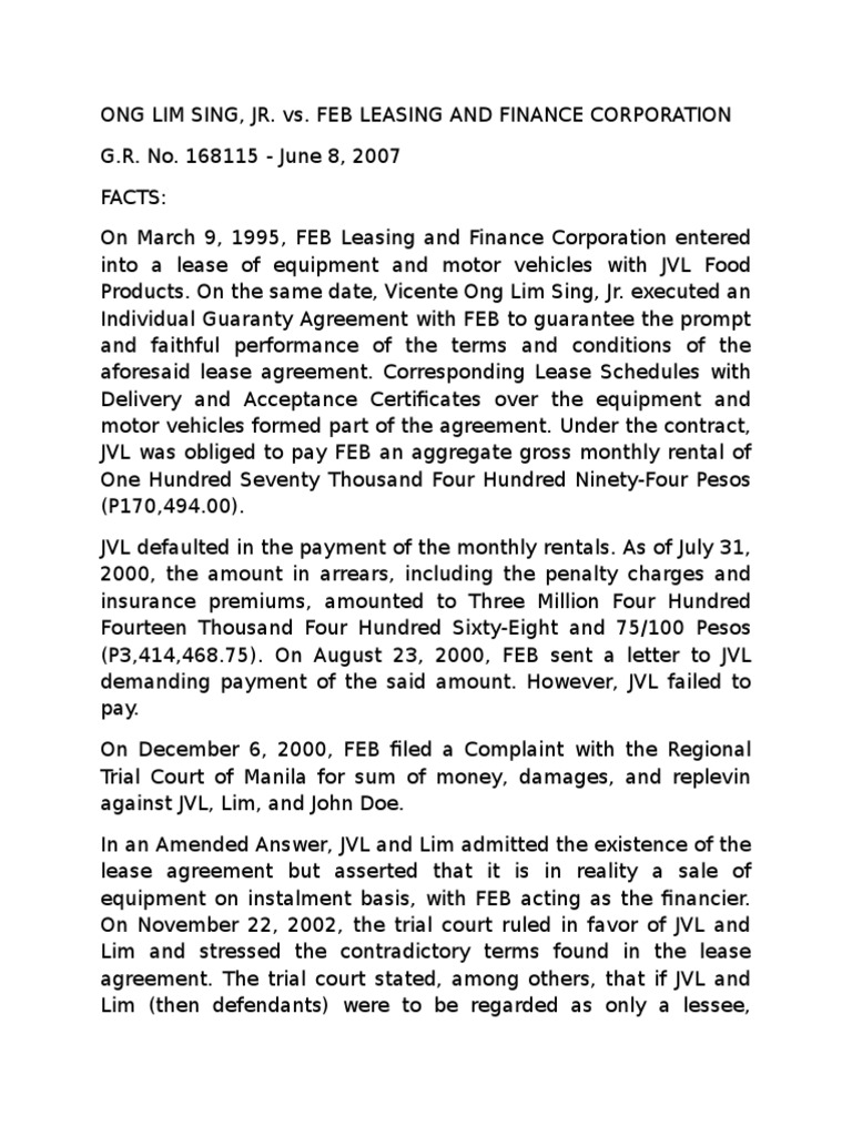 Ong Lim Sing vs. FEB Leasing Case Summary | PDF | Lease | Insurance