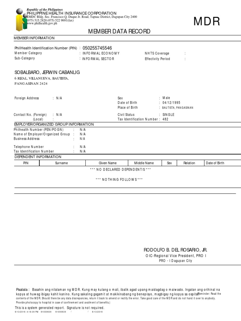 Member Data Record: Philippine Health Insurance Corporation | PDF