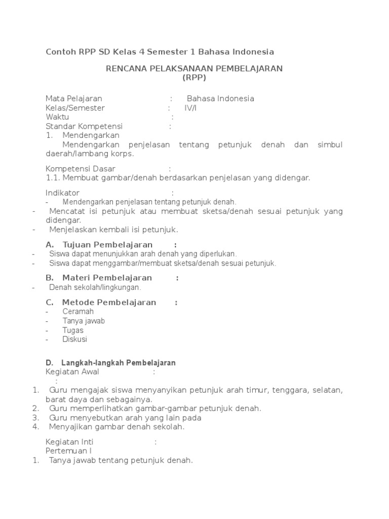 Contoh Rpp Sd Kelas 4 Semester 1 Bahasa Indonesia Tugas Pak Wijo