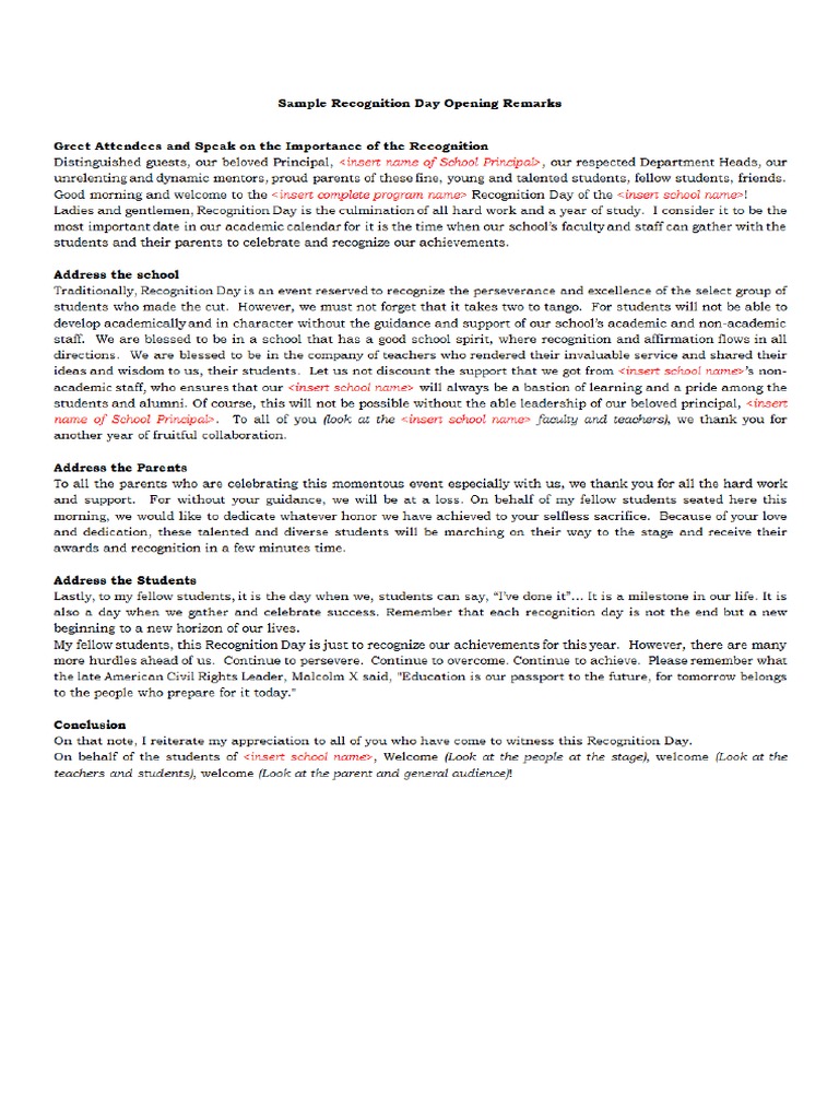 Sample School Recognition Opening Remarks 3 Pdf