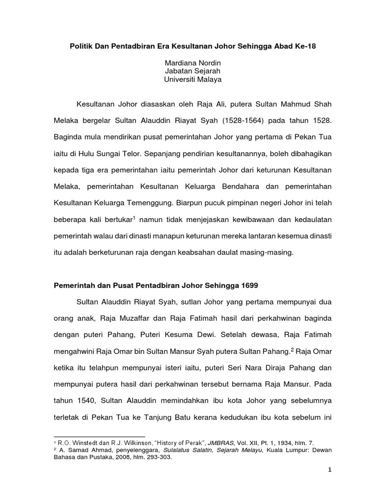 Mardiana Politik Dan Pentadbiran Era Kesultanan Johor Sehingga Abad Ke 18 Pdf