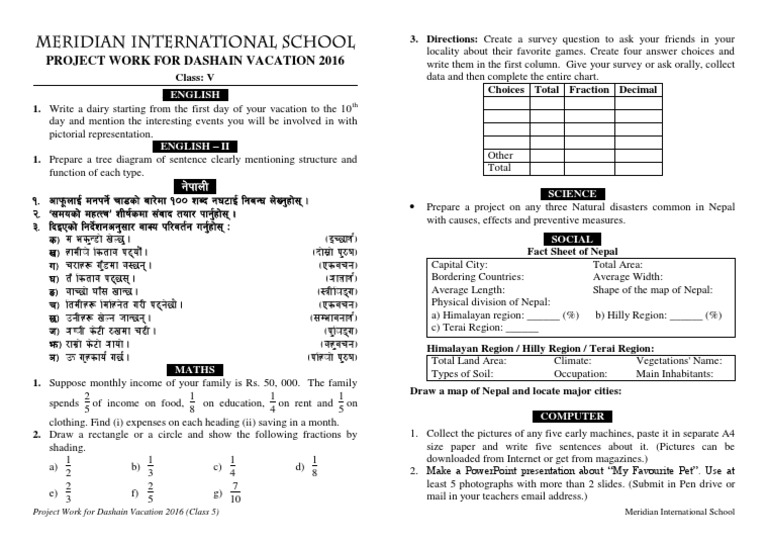 Class 5 Dashain HW 2016-17 | PDF