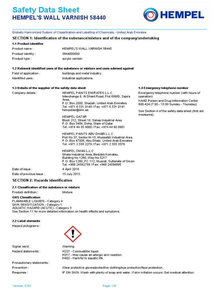 Hempel Paint58440MsdsWall VarnishUaeQatarOman PDF Toxicity