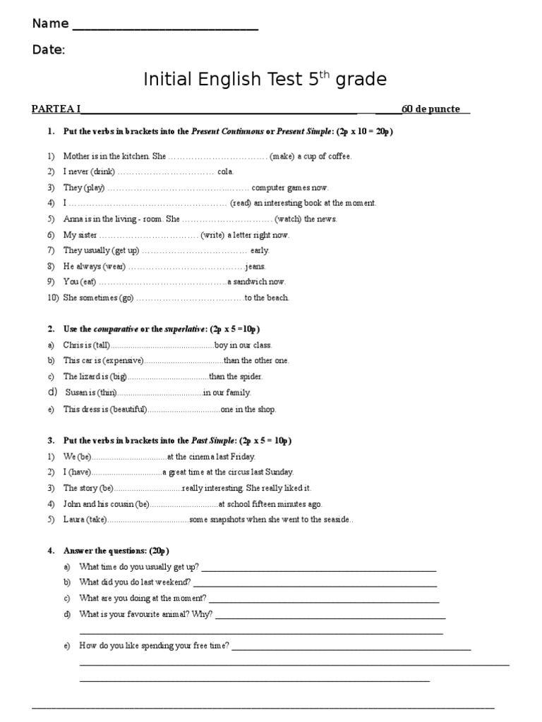 5th Grade English Initial Test | PDF