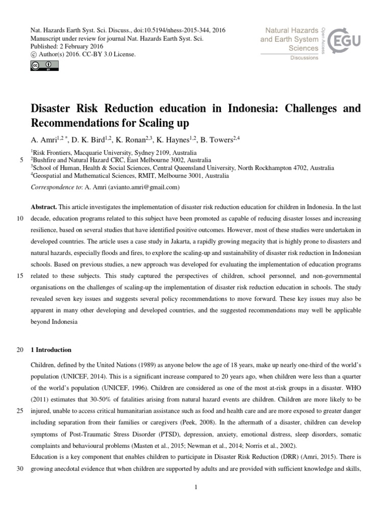 Disaster Risk Reduction Education In Indonesia Challenges And