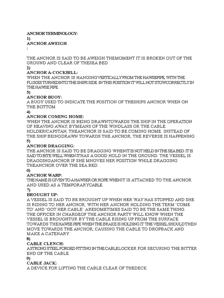 Anchor Terminology Anchor Water Transport