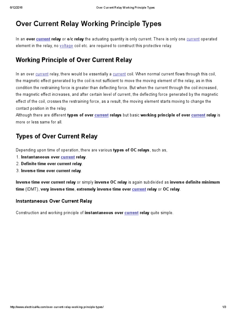 Over Current Relay Working Principle Types Electrical4u PDF Relay