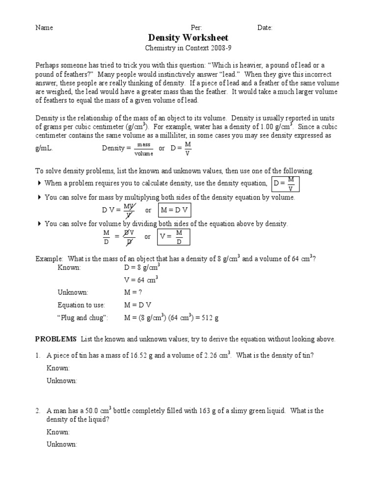 Density Worksheet  Density  Volume In Density Worksheet Chemistry Answers